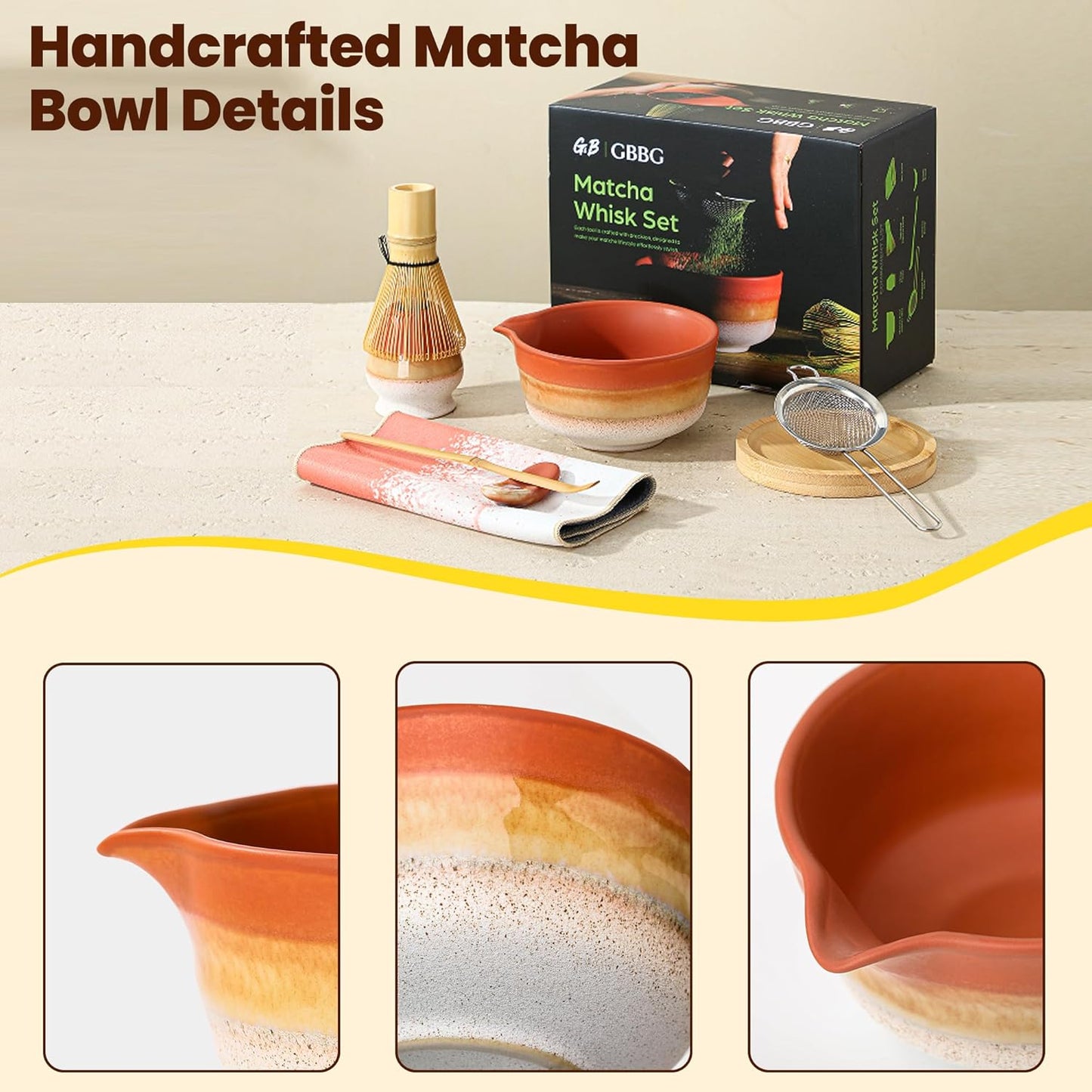 Matcha Whisk Set, Ceramic Matcha Kit Desert Style, Matcha Whisk and Bowl, Bamboo Scoop and Rest, Sifter and Tea Towel, 7 Pcs Gifts for Matcha Lover - Matte Black