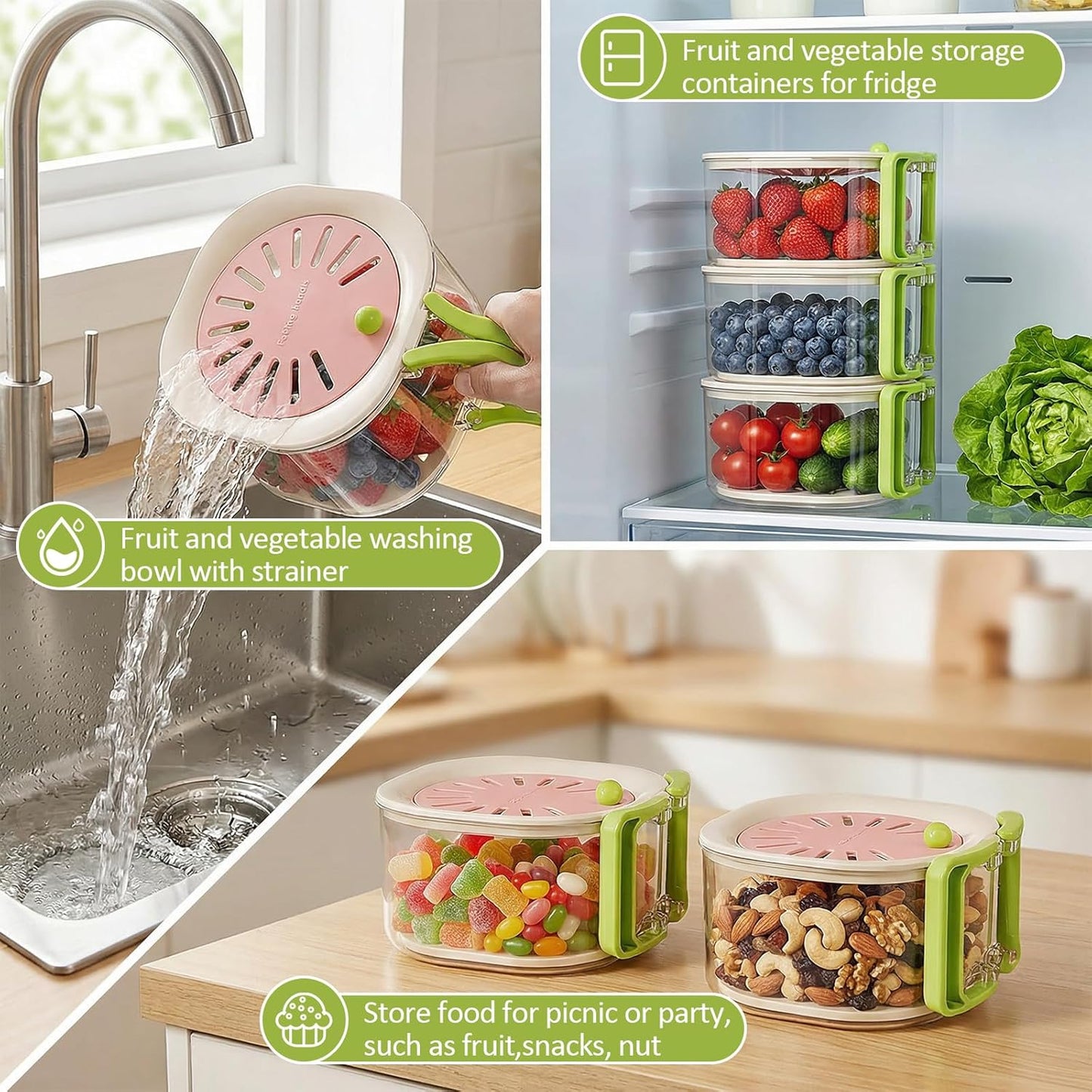 Fruit Vegetable Washing Bowl with Strainer - Multifunctional Berry Container, Produce Washer & Draining Colander Basket with Lid for Fridge Storage (Pink)