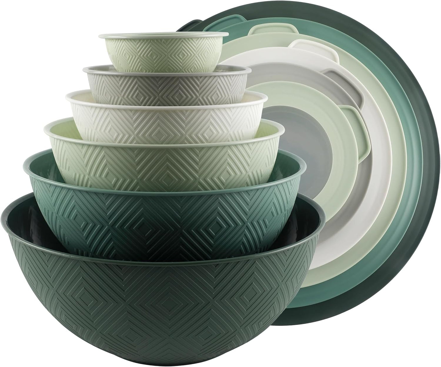 COOK WITH COLOR Mixing Bowls with Lids - 12 Piece Plastic Nesting Bowls Set includes 6 Prep Bowls and 6 Lids, Microwave Safe Mixing Bowl Set, Sage Embossed - Colors A