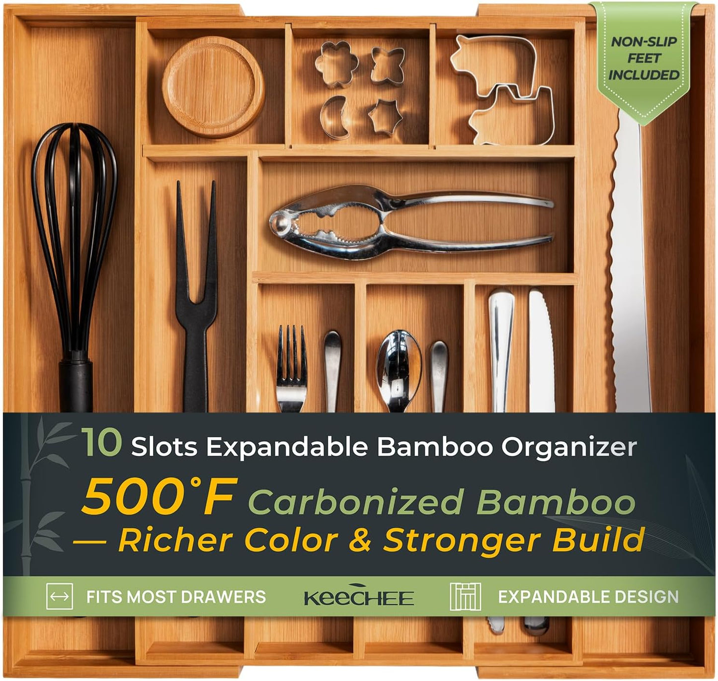 keechee Carbonized Bamboo Kitchen Drawer Organizer, 10 Slots Expandable Silverware Organizer, Utensil Holder & Cutlery Tray, 2.2" Deep for Extra Capacity, Non-Slip Feet Included