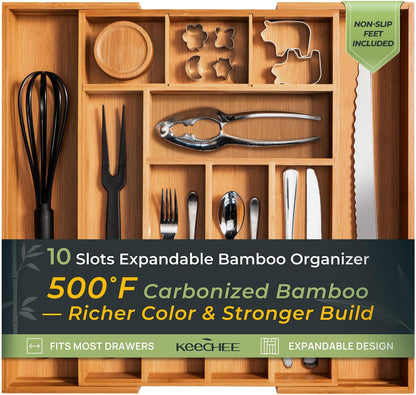 keechee Carbonized Bamboo Kitchen Drawer Organizer, 10 Slots Expandable Silverware Organizer, Utensil Holder & Cutlery Tray, 2.2" Deep for Extra Capacity, Non-Slip Feet Included