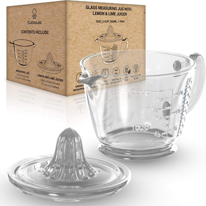CuttleLab Glass 2-Cup Juicer (Clear) - Lemon and Lime Manual Squeezer, Citrus Reamer