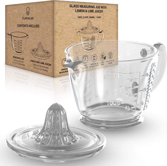 CuttleLab Glass 2-Cup Juicer (Clear) - Lemon and Lime Manual Squeezer, Citrus Reamer