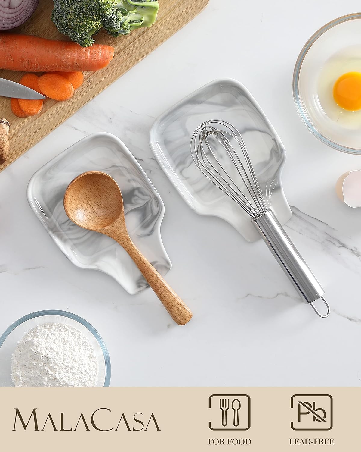 MALACASA Spoon Rest, Large Spoon Rests for Stove Top, Porcelain Spoon Holder for Kitchen Counter, Utensils Rests, Cooking Spoon Holders for Spatula Ladle Tongs, Ivory White, Series REGULAR