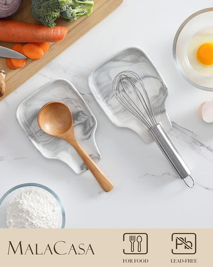 MALACASA Spoon Rest, Large Spoon Rests for Stove Top, Porcelain Spoon Holder for Kitchen Counter, Utensils Rests, Cooking Spoon Holders for Spatula Ladle Tongs, Ivory White, Series REGULAR