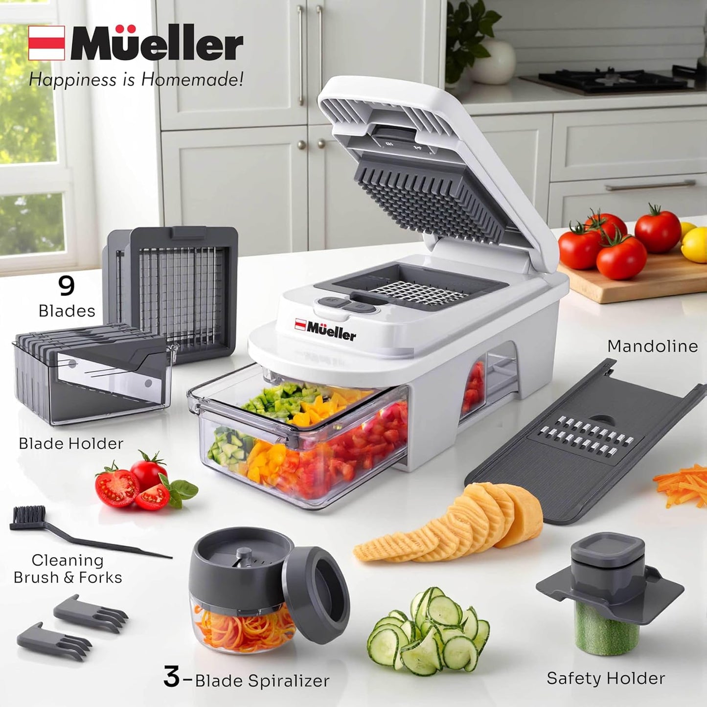 Mueller Pro-Series 10-in-1, 8 Blade Vegetable Chopper, Onion Mincer, Cutter, Dicer, Egg Slicer with Container, French Fry Cutter Potato Slicer, Home Essentials, Salad Chopper White Sand/Green