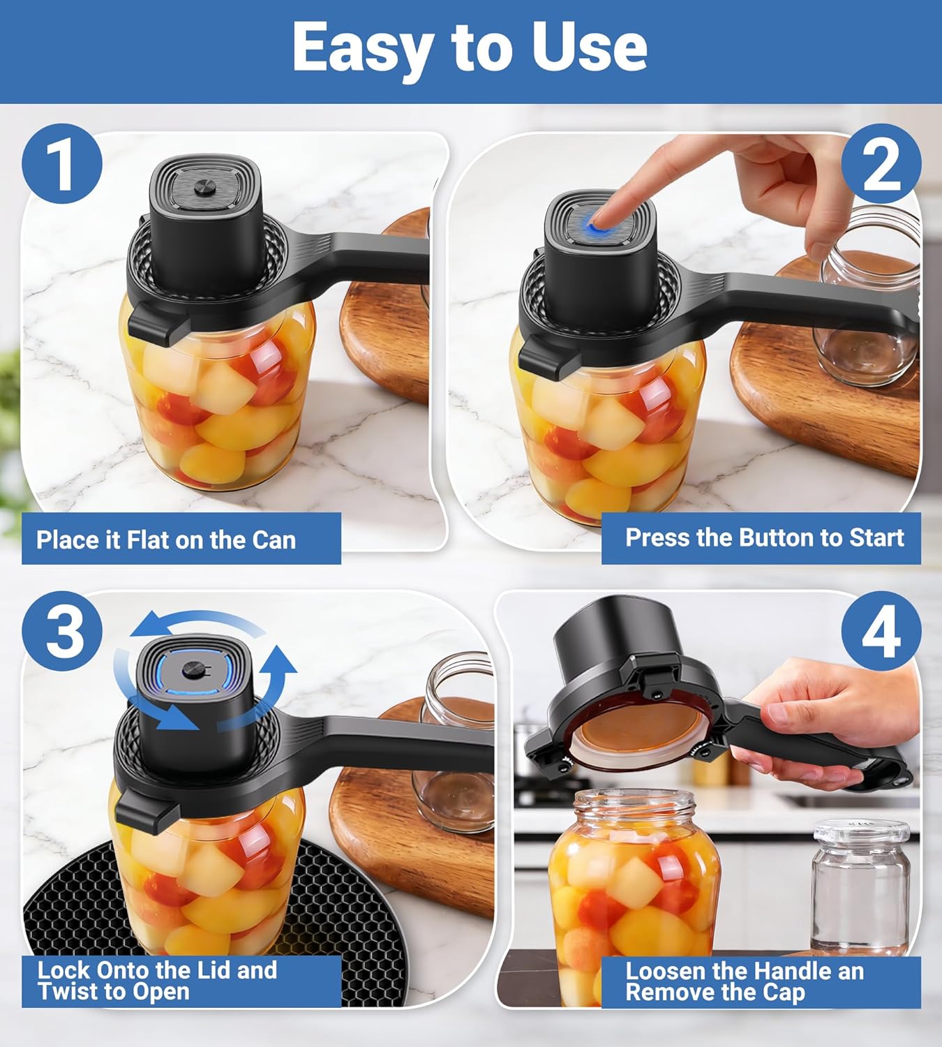 Electric Jar Opener for Seniors with Power-Clamp Technology, 2-in-1 Patent Automatic Jar & Bottle Opener Rechargeable 800mAh Hands-Free Opener with Bonus Anti-Slip Gripper Pad for Beer, Dressing, Jar