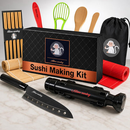 Albino monkey Sushi Making Kit with Pro Sashimi Knife – Roll 10+ Sushi Types – Sushi Bazooka, Bamboo + Dishwasher-Safe Mats, Nigiri Mold & Avocado Slicer Gift Box + Step-by-Step Video Guide