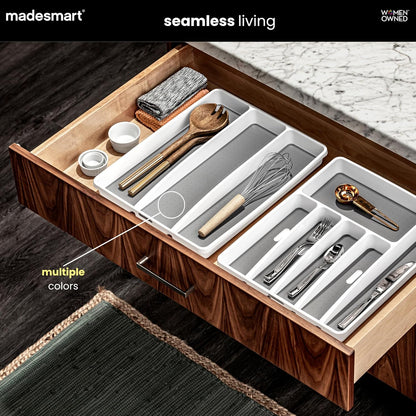 madesmart 3 Compartment Utensil Tray, Multi Purpose Storage Organizer, Non Slip Lining,Deep Storage for Ladles, Whisks & Serving Tools, for Drawers & Home Organization, White