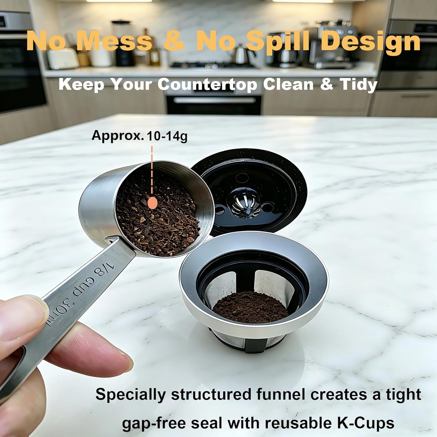 Reusable K Cup Refill Kit, 304 Stainless Steel 30ML Coffee Scoop & Aluminum Dosing Funnel, Fits Keurig 1.0 & 2.0 Reusable Metal/Plastic K-Cups Silver