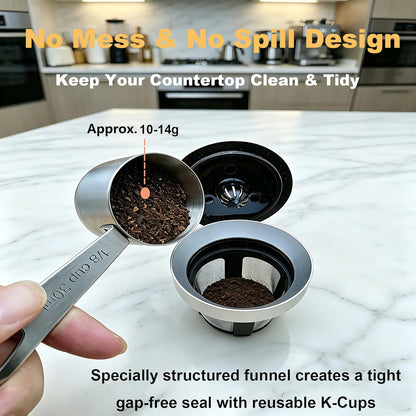 Reusable K Cup Refill Kit, 304 Stainless Steel 30ML Coffee Scoop & Aluminum Dosing Funnel, Fits Keurig 1.0 & 2.0 Reusable Metal/Plastic K-Cups Silver