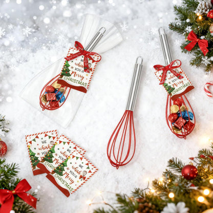 24 Sets Christmas Whisk Gift Sets Xmas Party Favors Includes 10 Inch Stainless Steel Egg Beaters Greeting Cards Ribbons Plastic Bags Ideal for Baking Cooking Stocking Stuffers Holiday (24, 10 Inch)