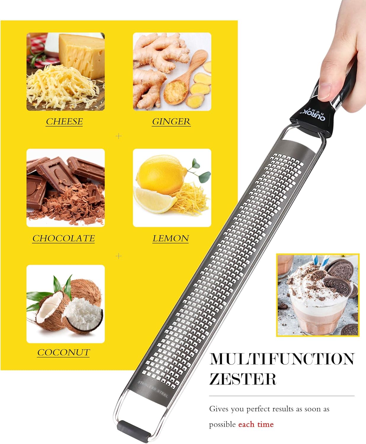 Ourokhome Kitchen Lemon Zester, Stainless Steel Hand Held Parmesan Cheese Grater for Ginger, Chocolate, Coconut, Lime, Nutmeg, Citrus, Fruit, Vegetable with Cleaning Brush, Dishwasher safe, Blue