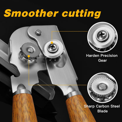 Upgraded Efficient Manual Can Opener - Selected Solid Wood Handle, Sharp and Smooth Blade Edge, Portable Design, Easy-Open Large Knob, Versatile for Various Bottle Caps（Rosewood）