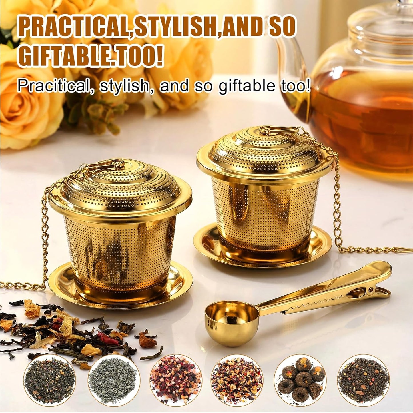 Umigy 4 Pcs Tea Infuser Strainers for Loose Tea with Scoop, Extra Fine Mesh Steeper 304 Stainless Steel Diffuser Leaf Holder with Extended Chain Hook for Brew, Spices, Seasoning, Silver