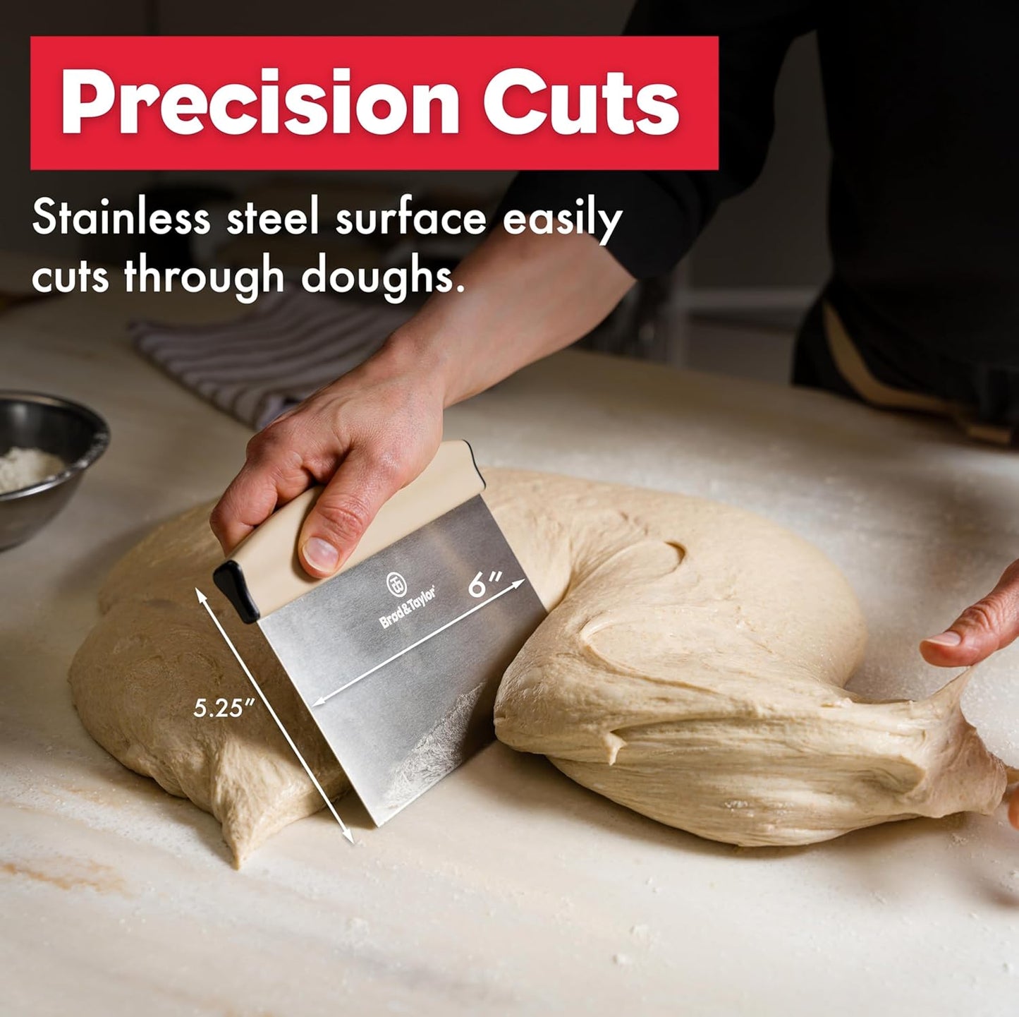 Brod & Taylor Bench Knife with 1" Markings and Non-Slip Rubber Handle, Dough Cutter for Home-Kitchen Baking (6" x 5.25" Surface), 100% Dishwasher Safe