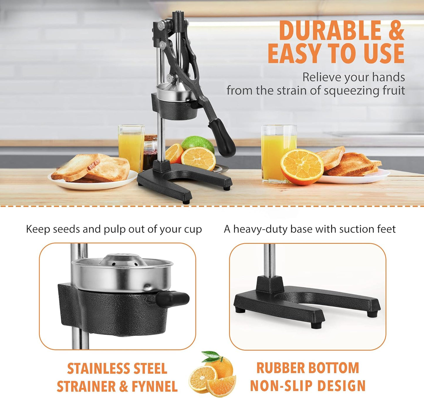 Commercial Heavy Duty Cast Iron Hand Press Manual Orange Citrus Lemon Lime Grapefruit Pomegranate Fruit Juice Squeezer Machine with Stainless Steel Cup
