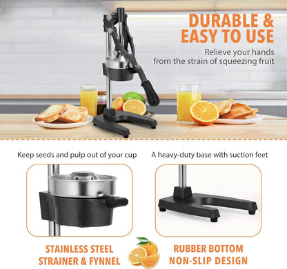 Commercial Heavy Duty Cast Iron Hand Press Manual Orange Citrus Lemon Lime Grapefruit Pomegranate Fruit Juice Squeezer Machine with Stainless Steel Cup