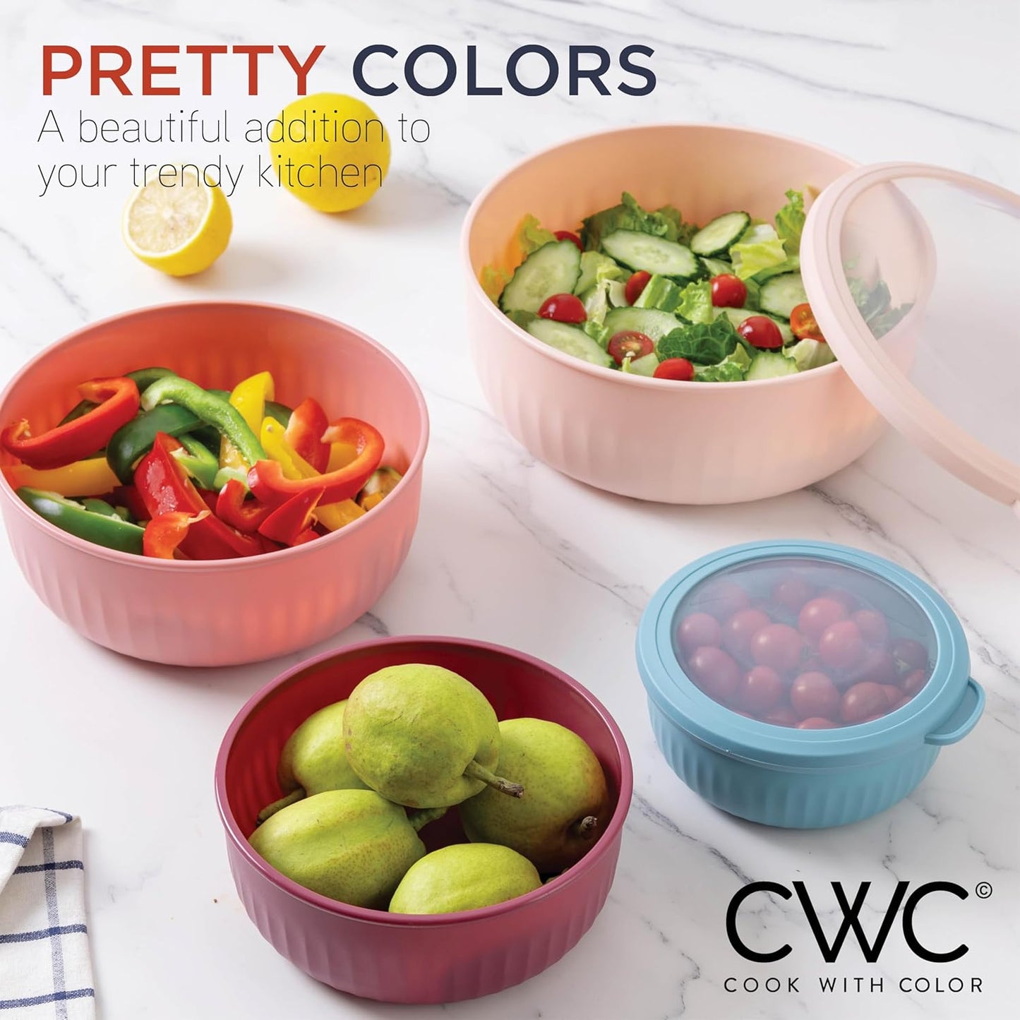 COOK WITH COLOR Prep Bowls with Lids- Wide and Deep Nesting Plastic Small Mixing Bowl Set with Lids, 8 Piece Set - Wide Bowls, Blue