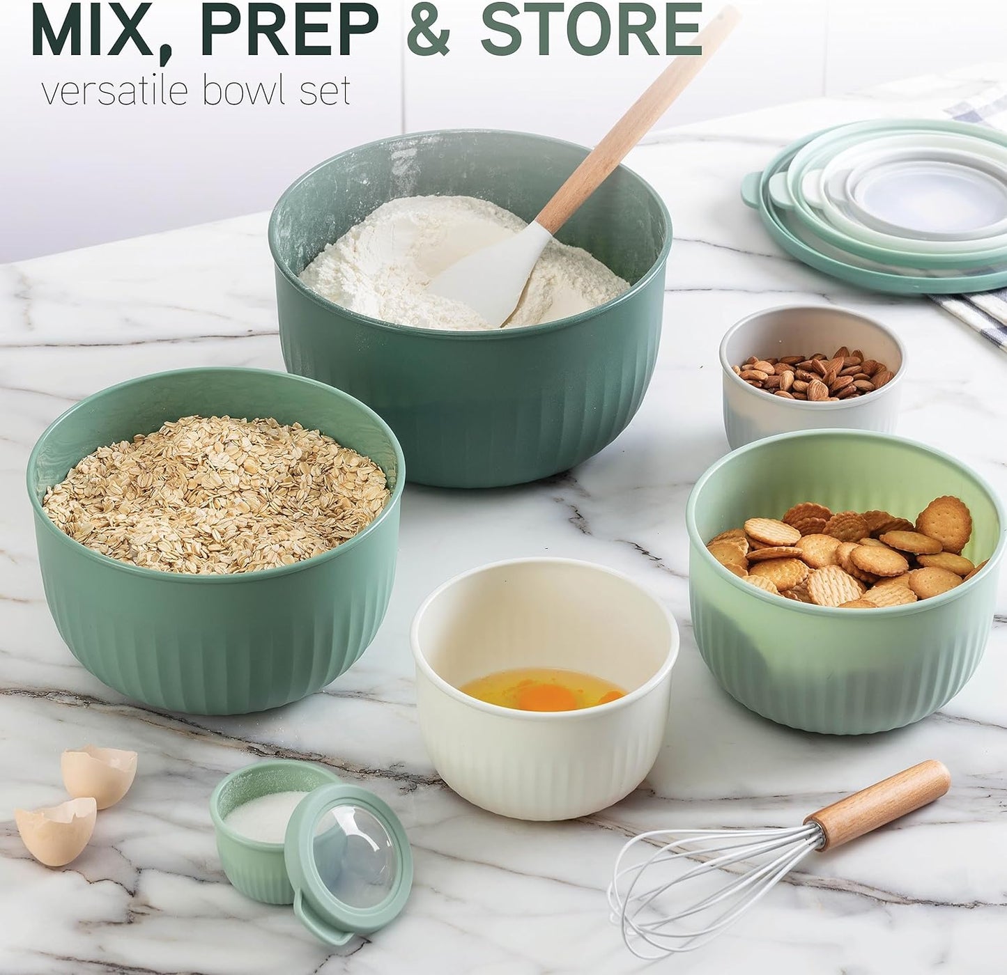 COOK WITH COLOR Prep Bowls with Lids- Wide and Deep Nesting Plastic Small Mixing Bowl Set with Lids, 8 Piece Set - Wide Bowls, Blue