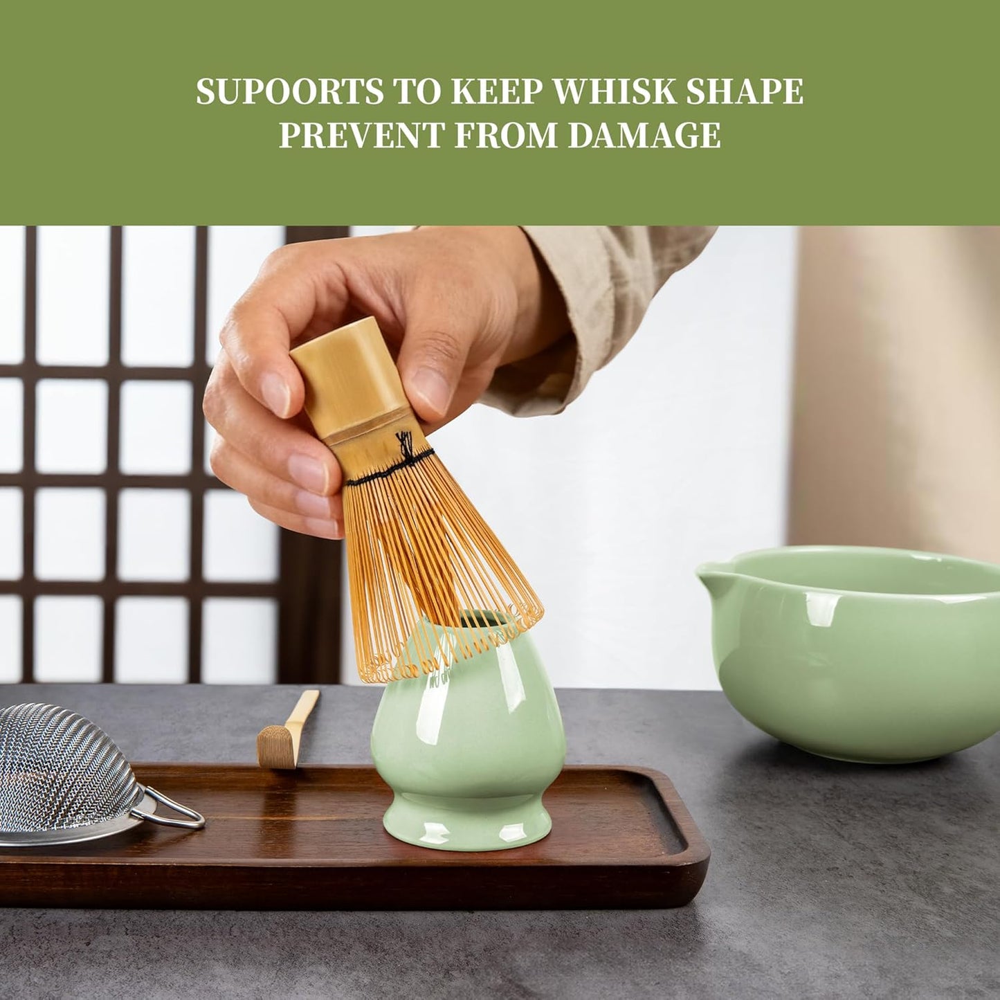 YIBO Matcha Whisk Set With Bowl, Ceramic Matcha Making Kit Includes Bamboo Whisk (Chasen), Holder Stand, Powder Starter Sifter, Scoop, Measuring Spoon & Cup Tea Tools For Ceremony (Mottled Green)