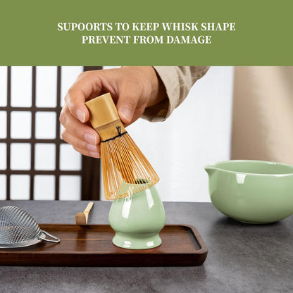YIBO Matcha Whisk Set With Bowl, Ceramic Matcha Making Kit Includes Bamboo Whisk (Chasen), Holder Stand, Powder Starter Sifter, Scoop, Measuring Spoon & Cup Tea Tools For Ceremony (Mottled Green)