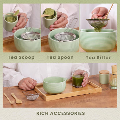 6-Piece Matcha Set, Matcha Whisk (Chasen) & Holder, Matcha Bowl with Spout, Sifter & Spoon, Bamboo & Ceramic, Dark Green