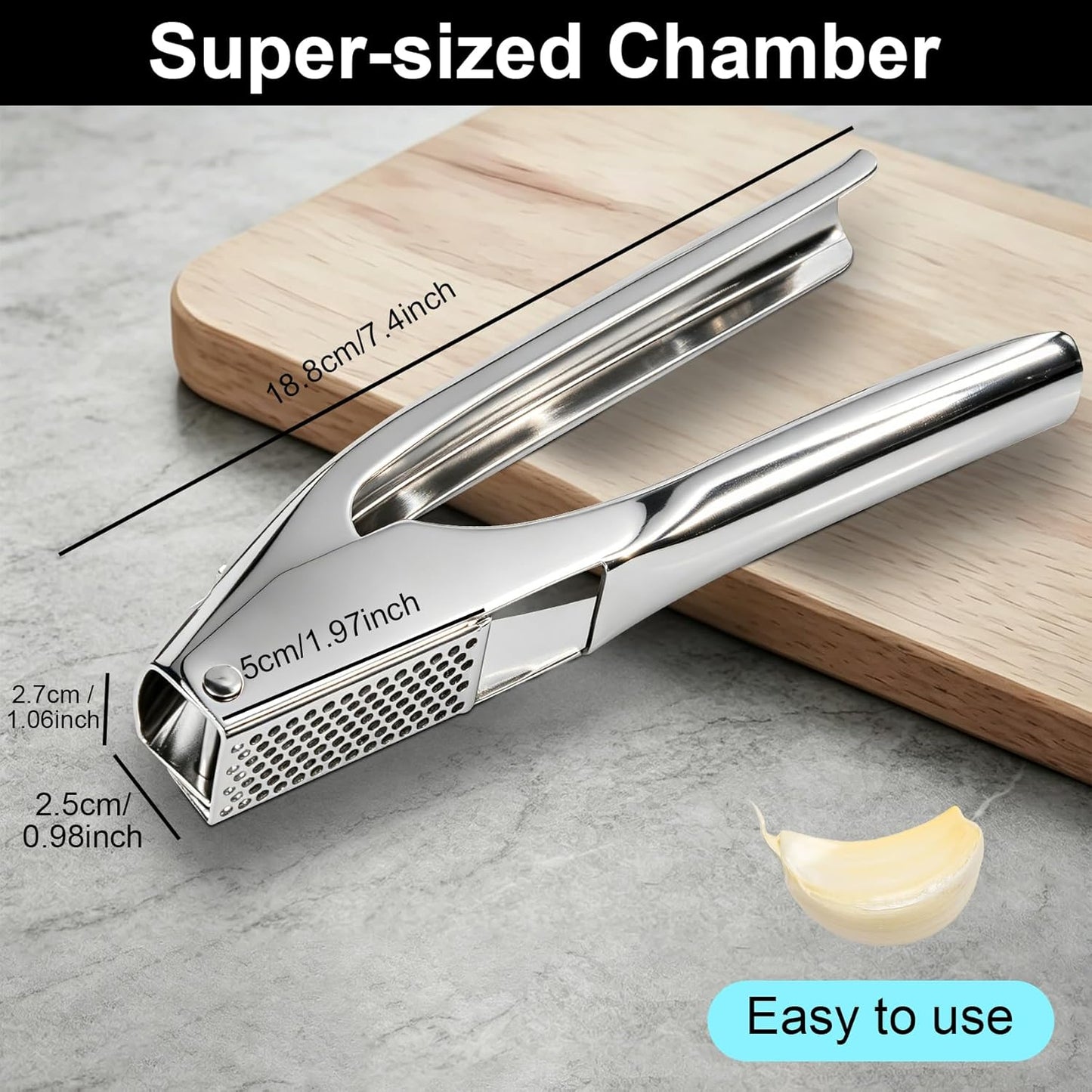 Garlic Press Stainless Steel - No Need to Peel, Garlic Mincer with Peeler Tube and Brush - Large Trough Ergonomic Handle - Rust Proof and Dishwasher Safe - Built-in Bottle Opener