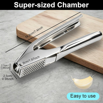 Garlic Press Stainless Steel - No Need to Peel, Garlic Mincer with Peeler Tube and Brush - Large Trough Ergonomic Handle - Rust Proof and Dishwasher Safe - Built-in Bottle Opener