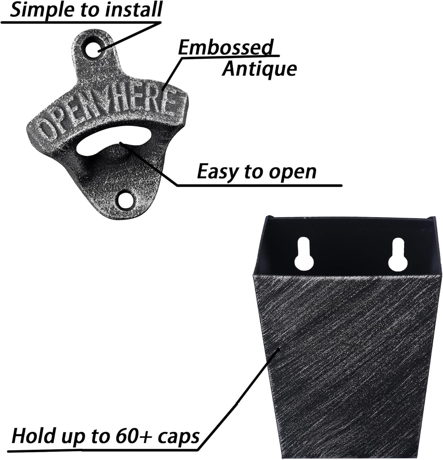 Satin Black Cast Iron Bottle Opener Wall Mounted with Bottle Cap Catcher Narrow