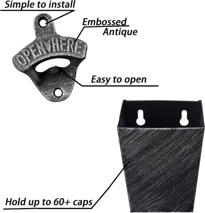 Satin Black Cast Iron Bottle Opener Wall Mounted with Bottle Cap Catcher Narrow