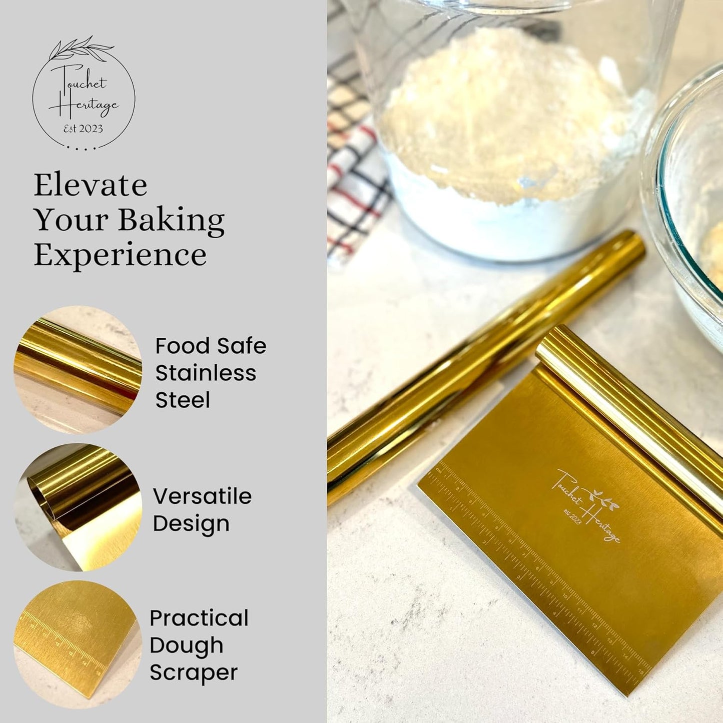 French Rolling Pin and Dough Scraper Set | Gold Bench Scraper Tool | Rolling Pin For Dough | Bread Making Accessories | Metal Bread Dough Cutter | Sourdough Scraper | Rolling Pin for Baking, small