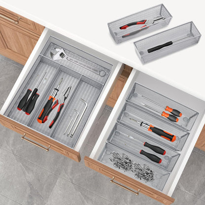 Neudeco Silverware Drawer Organizer - 5 Compartment Cutlery Tray with Non-Slip Feet, Mesh Wire Flatware Storage Divider for Kitchen, Bedroom, Living Room (Silver)