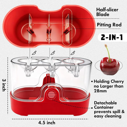 2-in-1 Cherry Pitter & Half Slicer, 3-Hole Cherry Seed Remover with Built-in Blade, with Clear Container (Apple Green)
