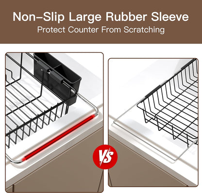 Over the Sink Expandable Dish Drainer Drying Rack In Stainless Steel for Small Kitchen, Counter Space Saving Modern Compact Metal Above Plate Dryer Strainer, Adjustable Hanging Inside Drain Holder
