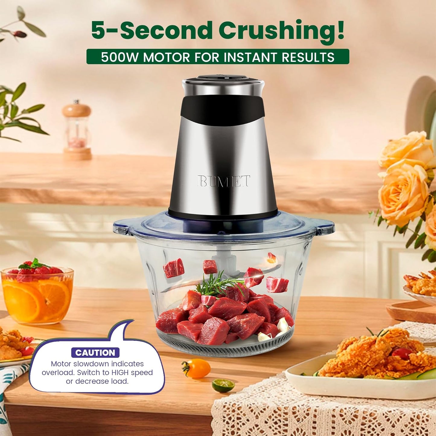 BUMET Electric food processor vegetable chopper 500W 2x8cup bowls 2 bi-layer 4 blades Small Food chopper ideal as Electric Meat grinder for home use,Mincing,chopping for kitchen aid,baby foot,pet food