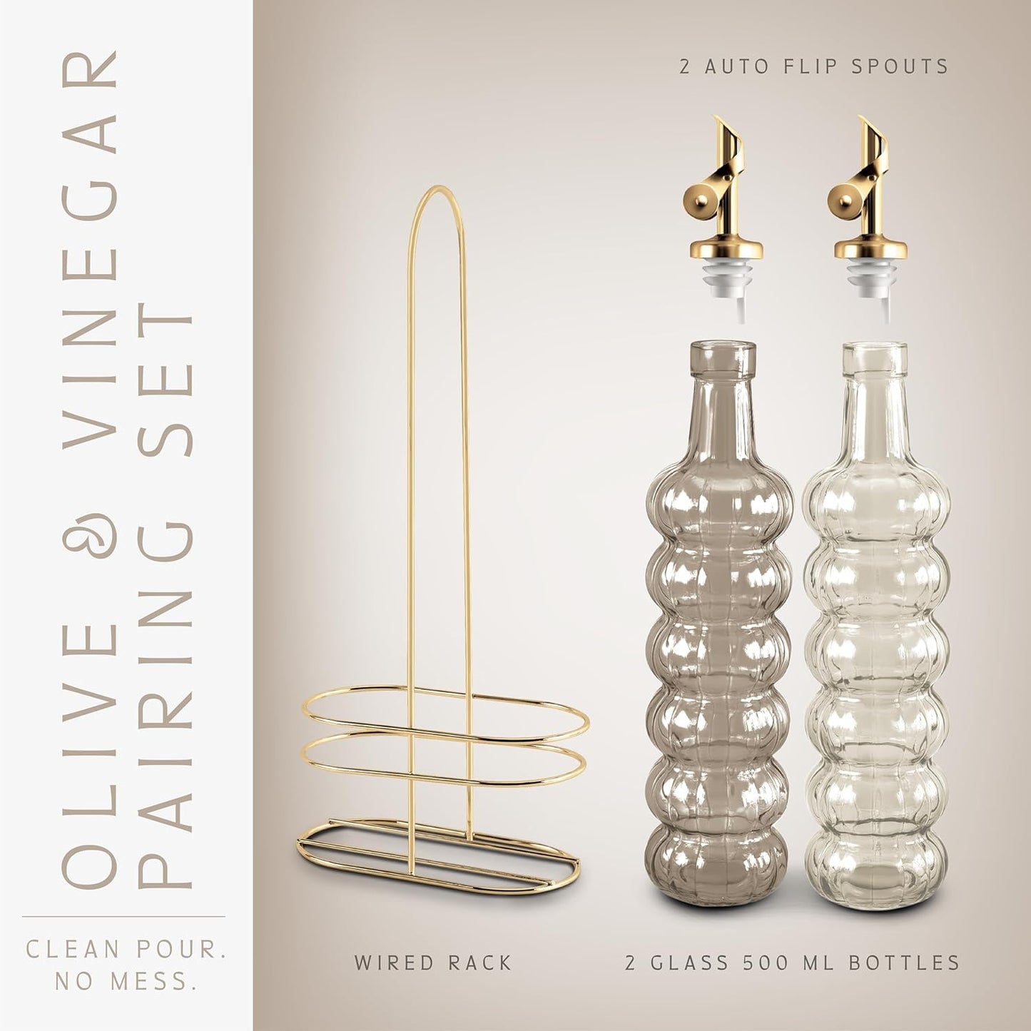 COOK WITH COLOR Glass Olive Oil Bottle Dispenser - 2 Pack- 17oz Oil and Vinegar Cruet - Olive Oil Carafe Decanter for Kitchen, Elegant Waves, Clear