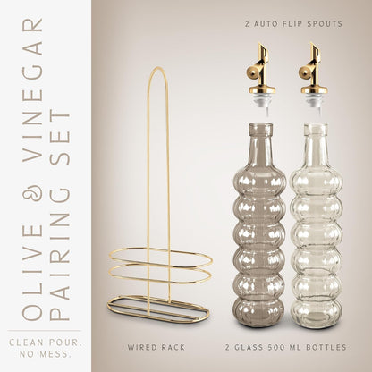 COOK WITH COLOR Glass Olive Oil Bottle Dispenser - 2 Pack- 17oz Oil and Vinegar Cruet - Olive Oil Carafe Decanter for Kitchen, Elegant Waves, Clear