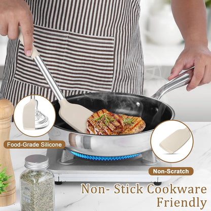 TeamFar Cooking Utensils Set, 5 PCS Silicone Kitchen Utensils with Stainless Steel Handle, for Nonstick Cookware Flipping Frying Turning Draining, Heatproof & Healthy, Nonstick & Easy Clean, Black