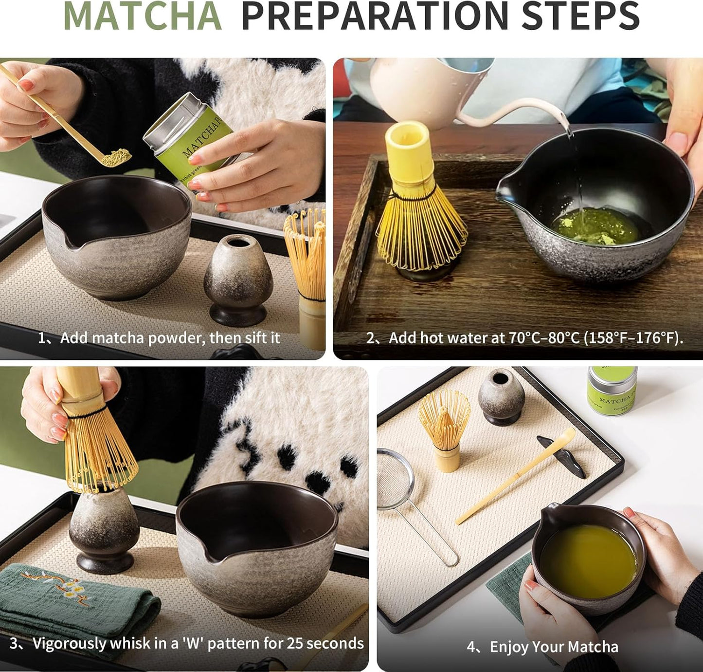 Matcha Whisk Set,Matcha Set Includes Ceramic Bowl with Spout,Stainless Sifter,Scoop,Whisk and Holder,Complete 5 Pcs Japanese Matcha Kit Making Tools,Green