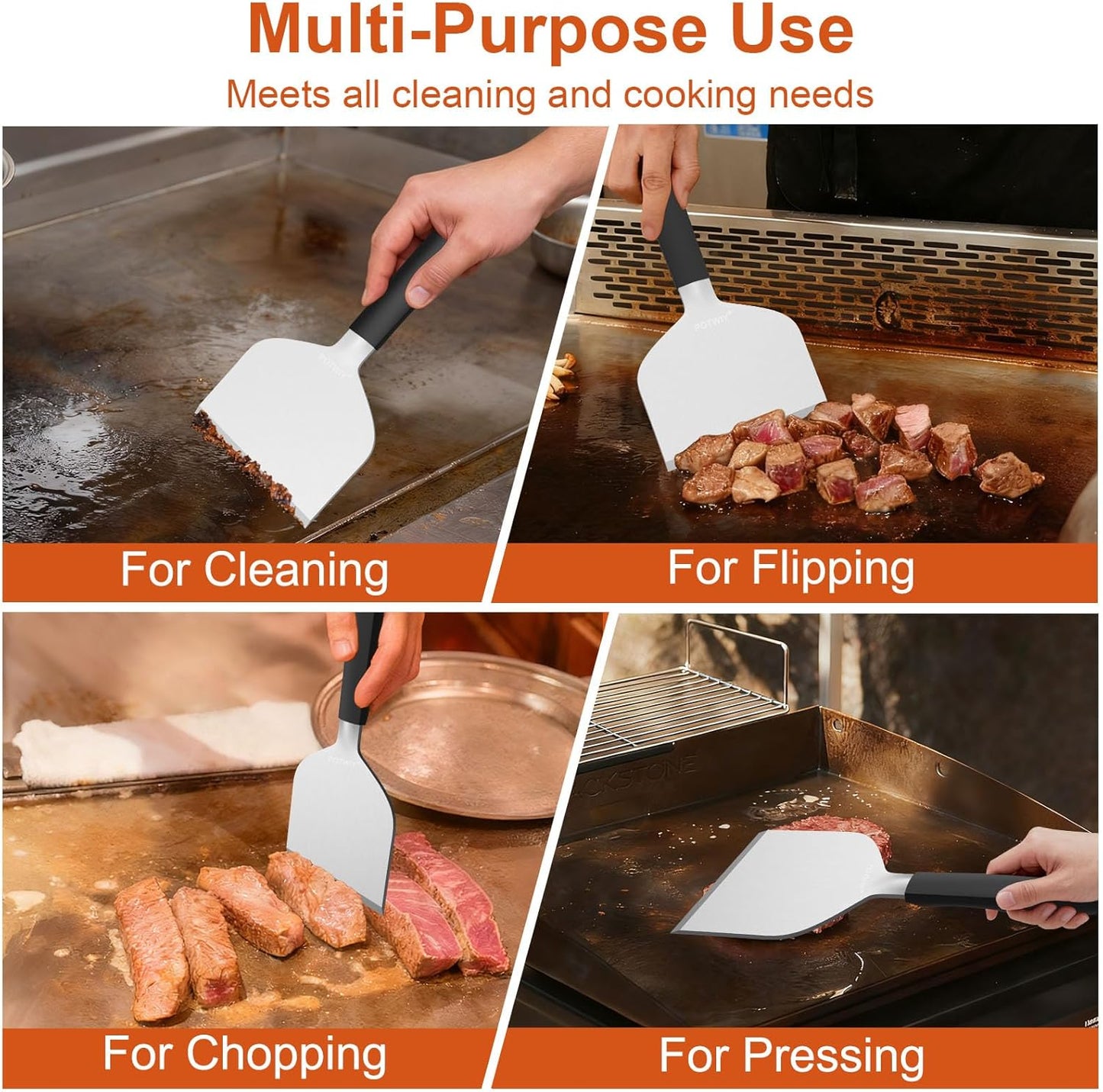 Heavy Duty Griddle Scraper, 5.3" Wide, Sharp Stainless Steel Scraper with Full Tang Silicone Handle, Great BBQ Cleaning Tool for Flat Top Grill & Griddle Cleaning Accessories (1 Pack, Large)