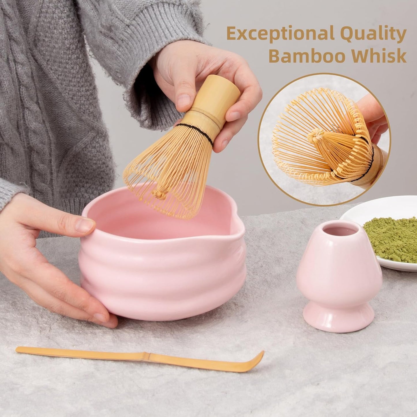 5pcs Premium Matcha Set,Ceramic Bowl with Spout and Bamboo Whisk set, Ceremonical Matcha Kit for breakfast/latte,Tea Starter Making Kit,Unique Matcha Gift set (pink love)