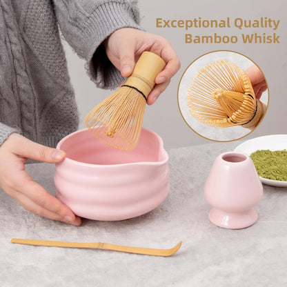 5pcs Premium Matcha Set,Ceramic Bowl with Spout and Bamboo Whisk set, Ceremonical Matcha Kit for breakfast/latte,Tea Starter Making Kit,Unique Matcha Gift set (pink love)