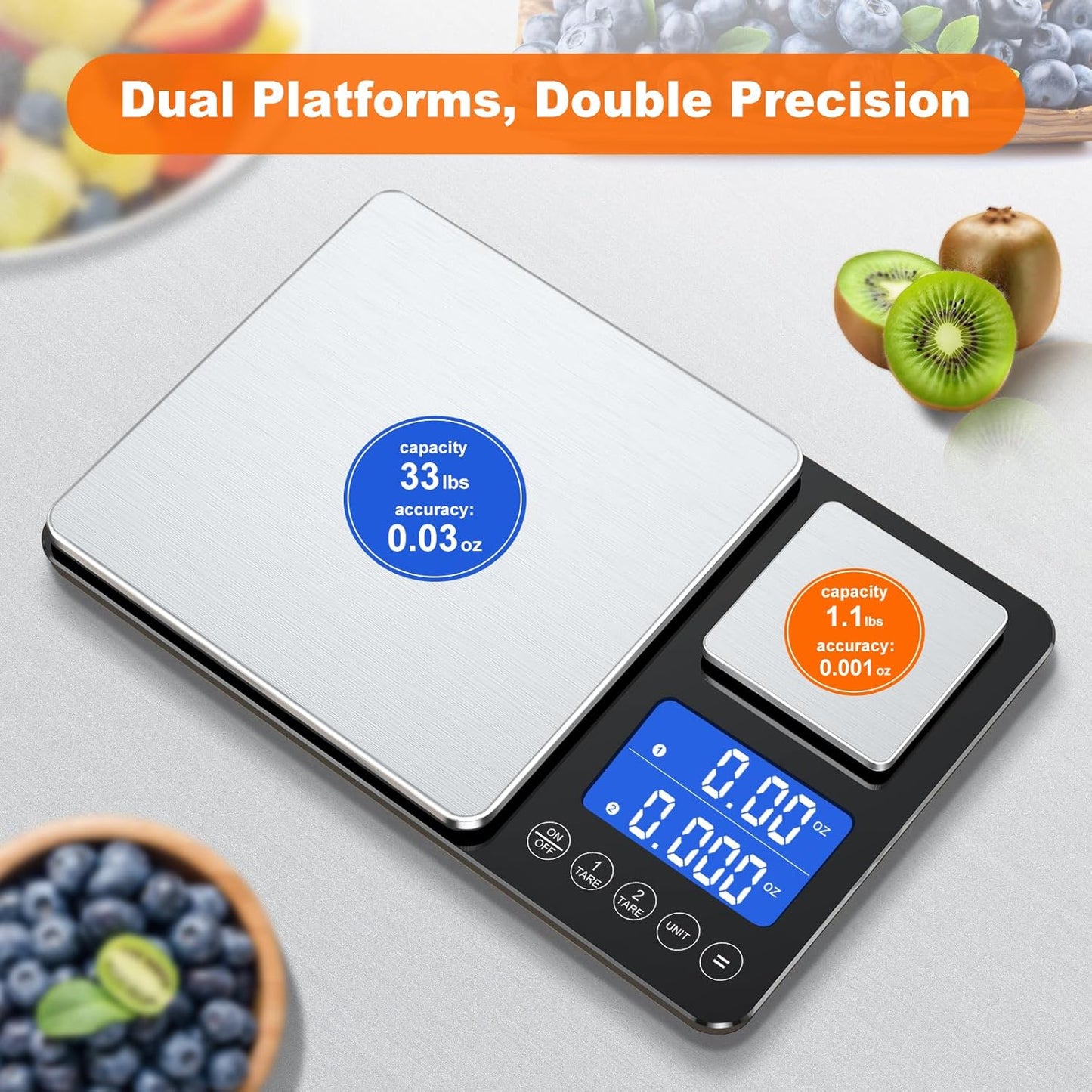 KUAIVO 0.001oz/33lbs Dual Platform Food Kitchen Scales Digital Weight Grams and Ounces, Two Precisions Kitchen Scale for Sourdough Bread, Baking and Cooking with 7 Units Tare, Accumulation Functions