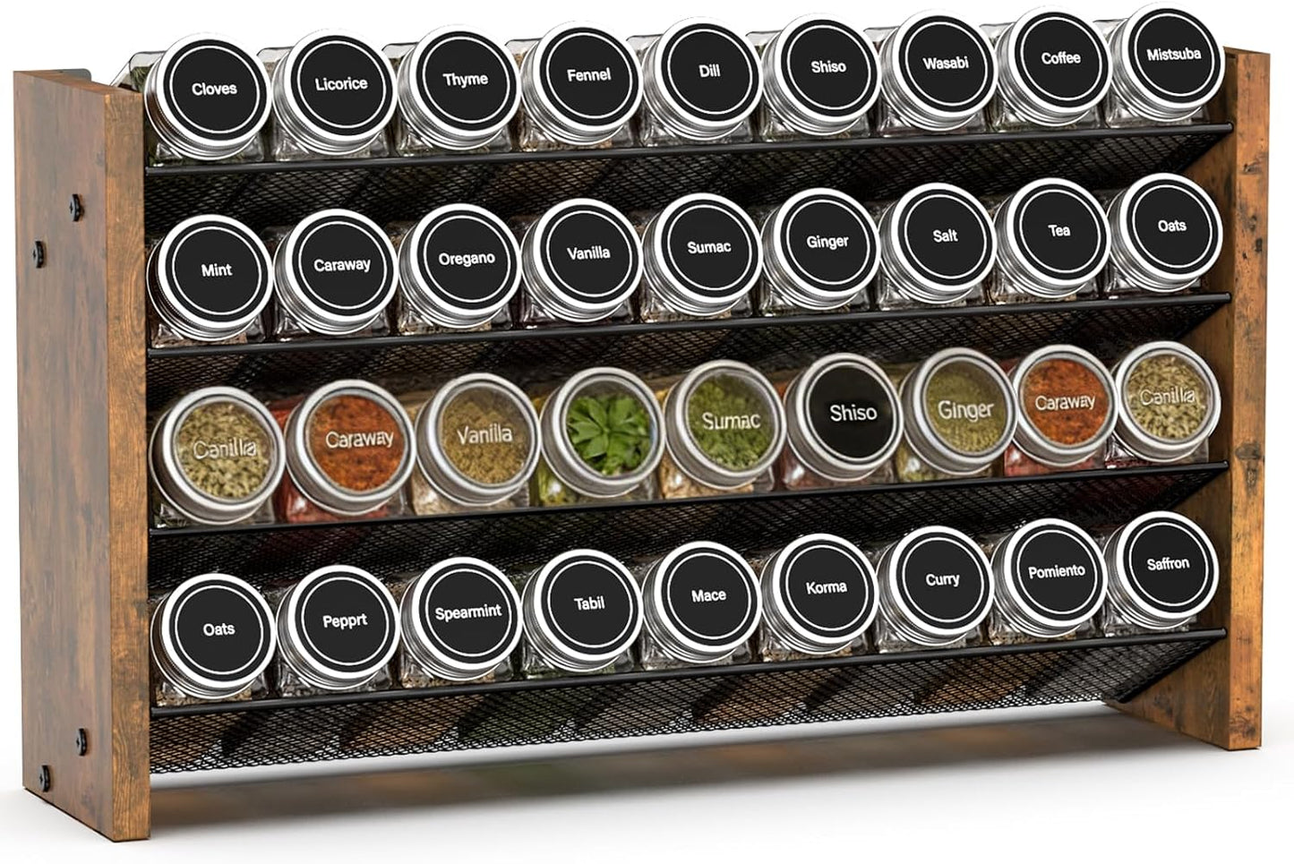 NESAPTO Spice Rack Organizer for Cabinet, Wood 4-Tier Vertical Seasoning Organizer, Wall Mount or Countertop Spice Shelf, Holds 28 Jars (No Jars Included), 14" W x 9.4" H