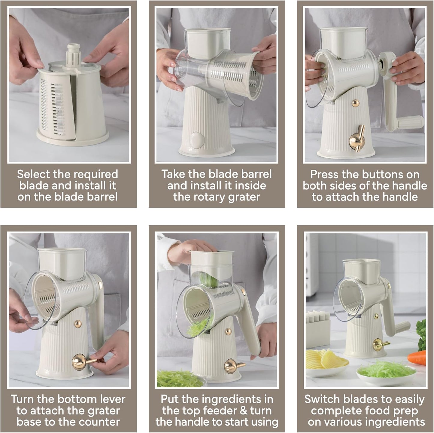 COOK WITH COLOR Rotary Cheese Grater with Handle - Counter Cheese Grater Suction Base with Hand Crank - 5 Blade Cheese Shredder - Easy to Use Manual Vegetable Chopper and Mandolin