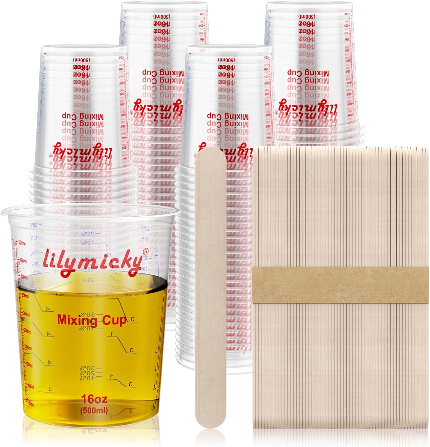 Lilymicky 16 oz Plastic Mixing Cups, 50 Pack 16 oz (500ml) Disposable Measuring Cups with 50 Wooden Mixing Sticks, Can Be Used for Epoxy Resin, Liquid Measuring, Paint, Cooking and Baking