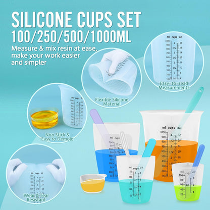 Silicone Resin Mixing Measuring Cups for Resin Supplies, Easy-to-read Marks, 600ml/20oz Bowl, 250&100ml Thickened Reusable Silicone Cups for Epoxy Mixing, with Stir Sticks, Jewelry Making