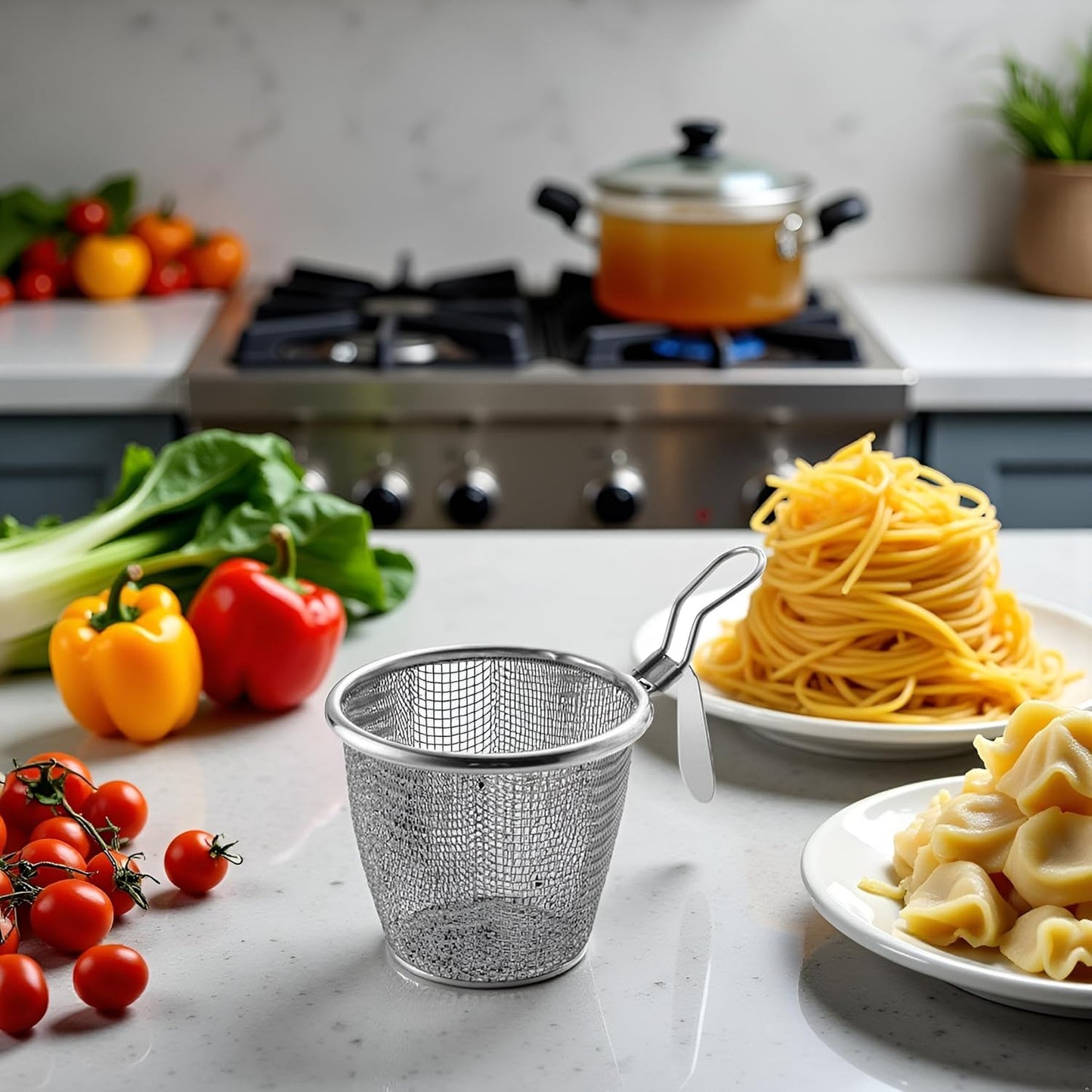Stainless Steel Pasta Basket, Fine Mesh Strainer with Handle, Mesh Spider Food Dumpling Noodle Strainer Food Strainer Kitchen Utensils