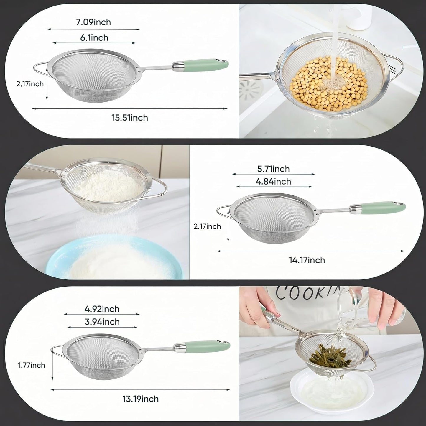 Stainless Steel Fine Mesh Strainer Set (3 Sizes 12/14/18cm, 40 Mesh) – 304 Food Grade, For Pasta, Rice, Flour & Tea – Reinforced Handle, Hook Rest, Heat-Safe Grip, Dishwasher Safe